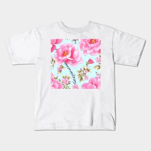 Pink roses on pale blue seamless chinoiserie pattern Kids T-Shirt